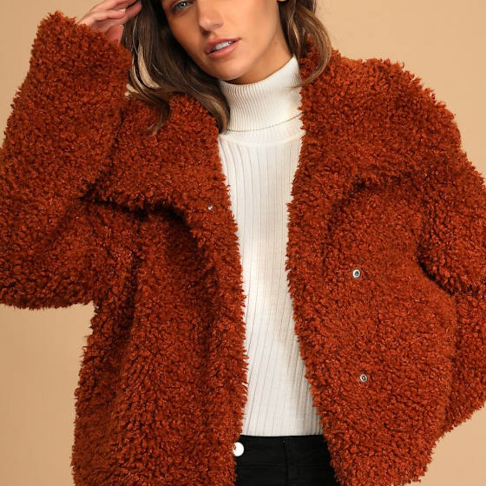 Lulus Cozy Handful Rust Orange Teddy Jacket - Size L